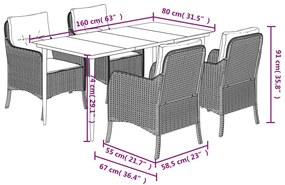 5 pcs conjunto de jantar p/ jardim c/ almofadões vime PE cinza