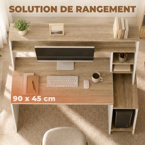 Secretária para computador, 114 x 45 x 138 cm, secretária com arrumação, prateleiras abertas e suporte para o computador, branco e natural