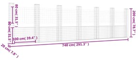 Cesto gabião em forma de U c/ 7 postes 740x20x200 cm ferro