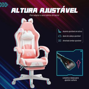Cadeira Gaming com Orelhas Cadeira Gamer Reclinável com Altura Ajustável e Suporte Lombar 65x62x116-124 cm Rosa e Branco
