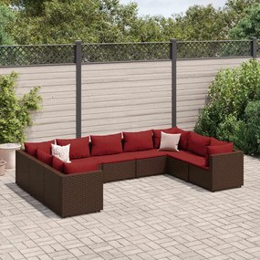 vidaXL 9 pcs conjunto lounge de jardim c/ almofadões vime PE castanho