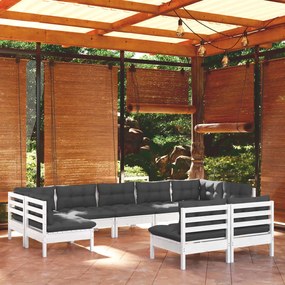 9 pcs conj. lounge de jardim c/ almofadões pinho maciço branco