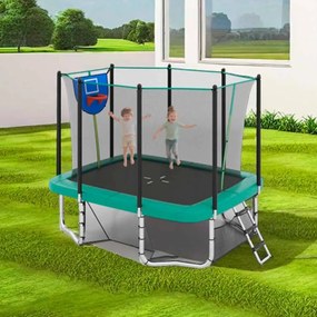 Trampolim retangular 3 em 1 com escada 317 cm x 255 cm x 270 cm, cesto de basquetebol e baliza de futebol, trampolim para crianças, verde.