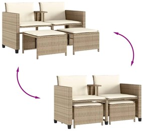 Sofá de jardim de 2 lugares com mesa e bancos vime PE bege