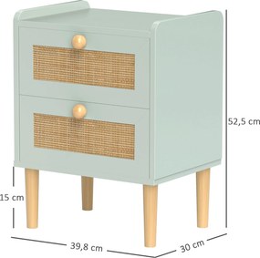 Mesa de cabeceira com 2 gavetas com efeito de vime natural e estrutura em madeira, 39,8 x 30 x 52,5 cm, verde-oliva