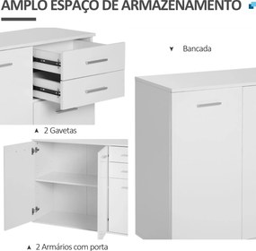 Armário Aparador amplo espaço de Armazenamento para sala de jantar com portas e gavetas 106x35x76cm Branco