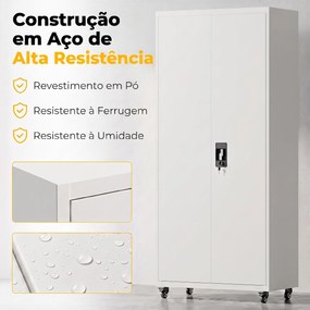 Armário de Ferramentas em Aço 180 cm com Rodas Amovíveis Prateleiras Ajustáveis e Carga até 250 kg para Garagem Branco