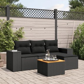 5 pcs conjunto sofás de jardim com almofadões vime PE preto