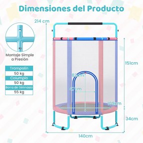 Trampolim Infantil 6 em 1, 140 x 140 x 214 cm, com Rede de Segurança, Azul
