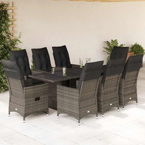 9 pcs conjunto de jantar p/ jardim c/ almofadões vime PE cinza