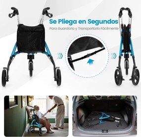 Andador para idosos com estrutura em alumínio leve, rodas grandes de 20 cm, altura ajustável e bolsa de armazenamento Azul