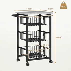 Fruteira para Cozinha Carrinho de Cozinha com 3 Cestas e Estrutura de Aço 49,5x31x69 cm Cinza Claro