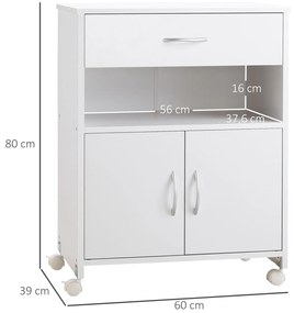 Armário para Impressora Móvel para Impressora com Rodas Gaveta 2 Portas e Compartimento Aberto para Sala de Estar Escritório Estúdio 60x39x80cm Branco