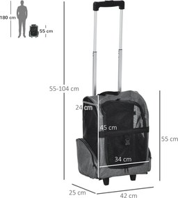 Transportadora Carrinho para Animais de Estimação 2 em 1 Mochila de Viagem com 2 Rodas para Cães Gatos com Alça Retrátil de Alumínio e Bolso de Armaze