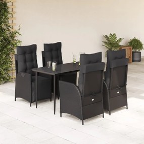 5 pcs conjunto de jantar p/ jardim c/ almofadões vime PE preto