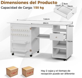 Armário de costura Mesa de costura dobrável com prateleiras, tabuleiros, ganchos, secretária para máquina de costura com 6 rodas bloqueáveis Branco