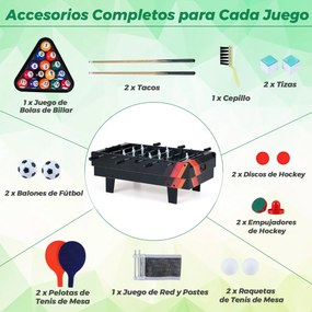 Mesa de jogos 4 em 1 81 x 43 x 30,5 cm com matraquilhos, bilhar, pingue-pongue e hóquei para crianças Preto