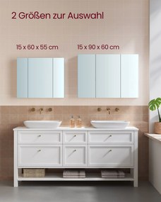 Armário de parede casa de banho com espelho e prateleira regulável, 15 x 90 x 60 cm branco