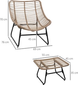 Cadeira de jardim com apoio para os pés em metal com revestimento epóxi e resina trançada com aspeto de vime, com almofadas macias - natural
