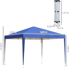 Tenda Dobrável 295x295x255 cm com Bolsa de Transporte Altura Ajustável Anti-UV para Terraço Pátio Azul