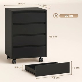Bloco gavetas escritório de secretária 46 x 40 x 65 cm com rodas e 4 gavetas deslizantes preto