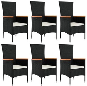7 pcs conjunto de jantar p/ jardim c/ almofadões vime PE preto