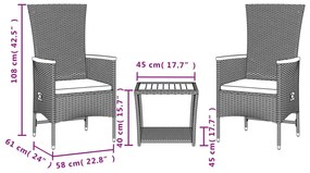 3 pcs conjunto de jantar p/ jardim c/ almofadões vime PE preto
