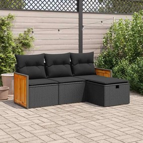 4 pcs conjunto de sofás para jardim c/ almofadões vime PE preto