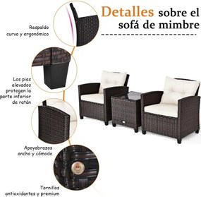Conjunto Jardim de 3 peças 2 sofás e 1 Mesa com almofadas laváveis para jardim, piscina, varanda Castanho e Branco