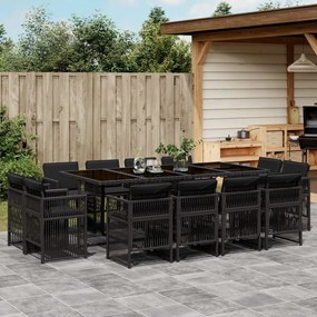 13 pcs conjunto de jantar p/jardim com almofadões vime PE preto