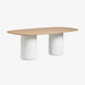 Mesa De Jantar Oval Em Mdf E Cimento Lysander Castanho Roble & Branco Brilhante & 220 X 110 Cm - Sklum