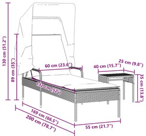 Espreguiçadeira com toldo e mesa vime PE castanho