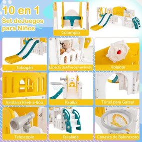 Conjunto de baloiço e escorrega 10 em 1 para crianças com cesto de basquetebol telescópico e corredor infantil Verde + Amarelo