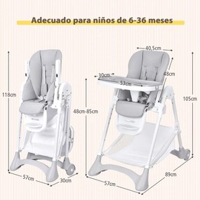 Cadeira Refeição Bebé Alta Cadeira de Jantar Dobrável com Rodas Altura da Almofada em PU Dupla Removível 89 x 57 x 105 cm Cinzento
