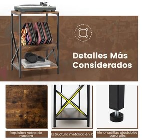 Estante de 3 níveis para gira-discos com porta-revistas em forma de V Estrutura metálica em forma de X Almofadas ajustáveis Castanho rústico