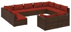 11 pcs conjunto lounge jardim c/ almofadões vime PE castanho
