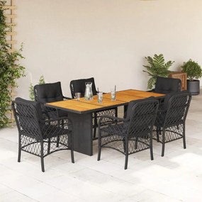 7 pcs conjunto de jantar p/ jardim c/ almofadões vime PE preto