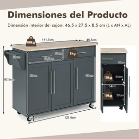 Carrinho de cozinha com rodas 121,5 cm x 45,5 cm x 92,5 cm, 2 gavetas, 2 armários, ilha de cozinha com rodas, porta-toalhas, facas, prateleira ajustáv