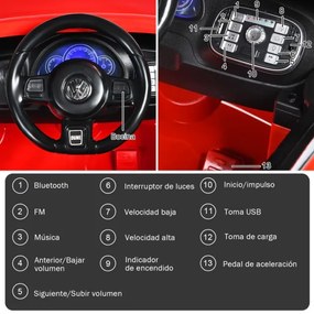 Carro elétrico para crianças bateria 12V Volkswagen Beetle com luzes de controlo remoto e musica 95 x 56 x 47 cm Vermelho