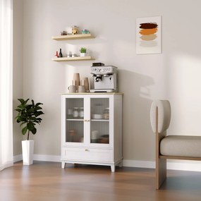 Aparador Sala de Estar com 2 Portas de Vidro Temperado Gaveta e Prateleira Ajustável 68x35x85 cm Branco