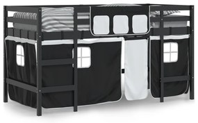 Cama alta criança c/ cortina 90x200cm pinho maciço branco/preto