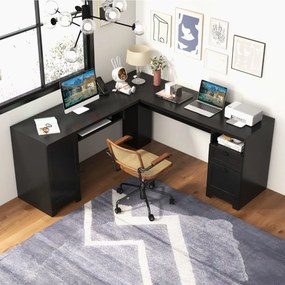 Secretaria computador de canto em L com gavetas e bandeja para teclado para escritorio 168 x 168 x 76 cm Preto