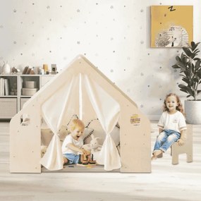 Casa de brincar 6 em 1 em madeira para crianças com quadro negro, secretária, cadeira, 6 cestos, tapete e cortinas para crianças dos 2 aos 6 anos, cor