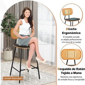 Conjunto de 2 bancos de bar em rattan com encosto e pernas em metal (MESA NÃO INCLUIDA) 45 x 45 x 94 cm Preto + Natural