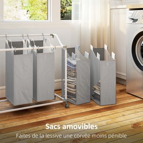 Cesto de roupa suja com rodas 4 x 40 L, 97 x 38 x 81 cm, carrinho para roupa suja, cesto com rodas com 4 sacos removíveis, cinzento