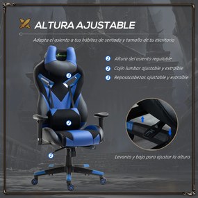 Vinsetto Cadeira de Gaming Ergonômica Cadeira Gamer Giratória com Altura Ajustável Apoio para o Braço Apoio para a Cabeça e Almofada Lombar Removíveis 72x77x127-13cm Azul