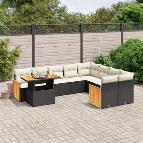 10 pcs conjunto sofás de jardim c/ almofadões vime PE preto