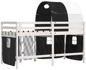 Cama alta criança c/ túnel 90x200 cm pinho maciço branco/preto