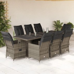 vidaXL 9 pcs conjunto bistrô de jardim c/ almofadões vime PE cinzento