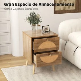 Conjunto de 2 mesas de cabeceira em rattan com 2 gavetas de estilo boémio com pernas em madeira maciça para sala de estar e quarto Natural